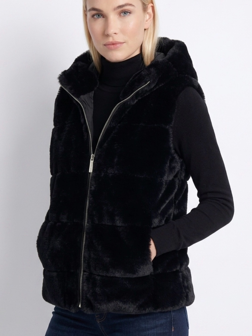 Michael Kors Black Faux Fur Hooded Puffer Vest